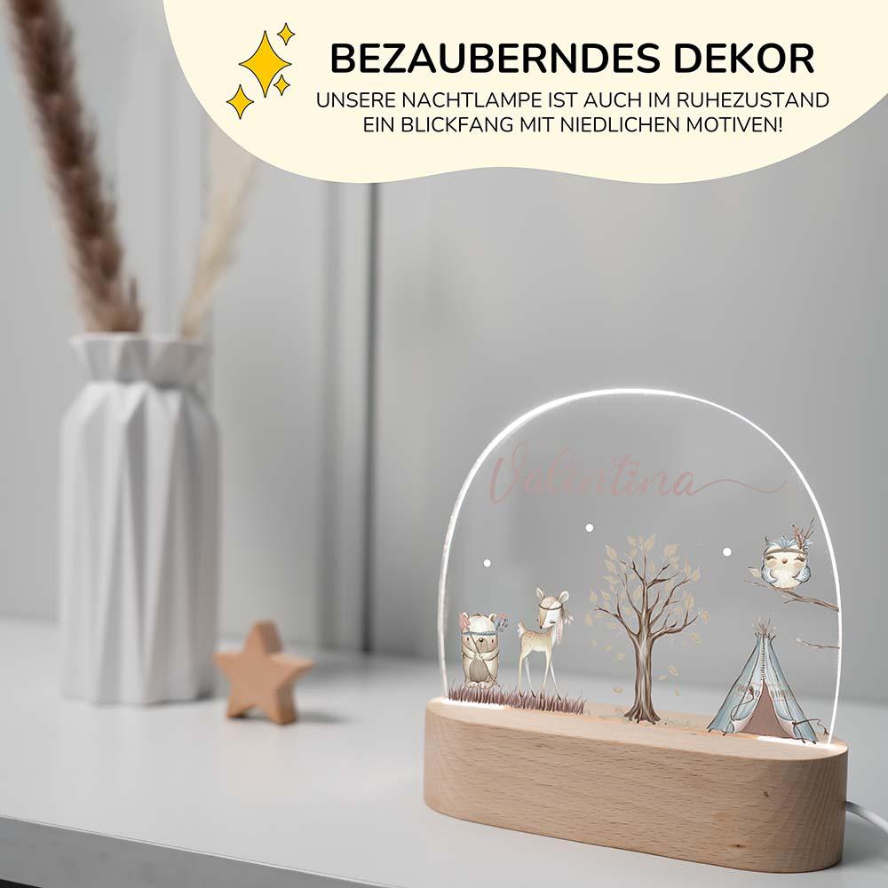 high-quality personalized night lamp with woodland animals, deer, tipi, and tree