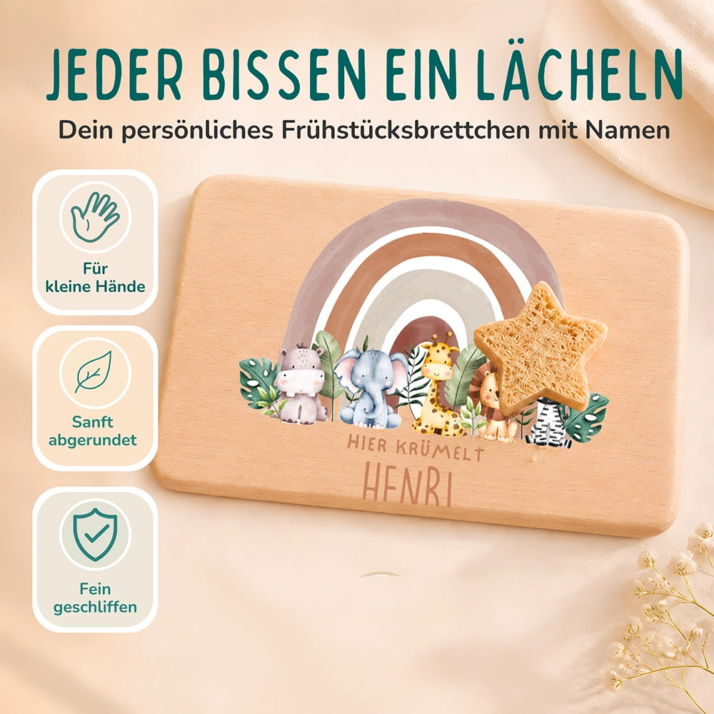 Frühstücksbrettchen Holz personalisiert - Tierfamilie unter Regenbogen