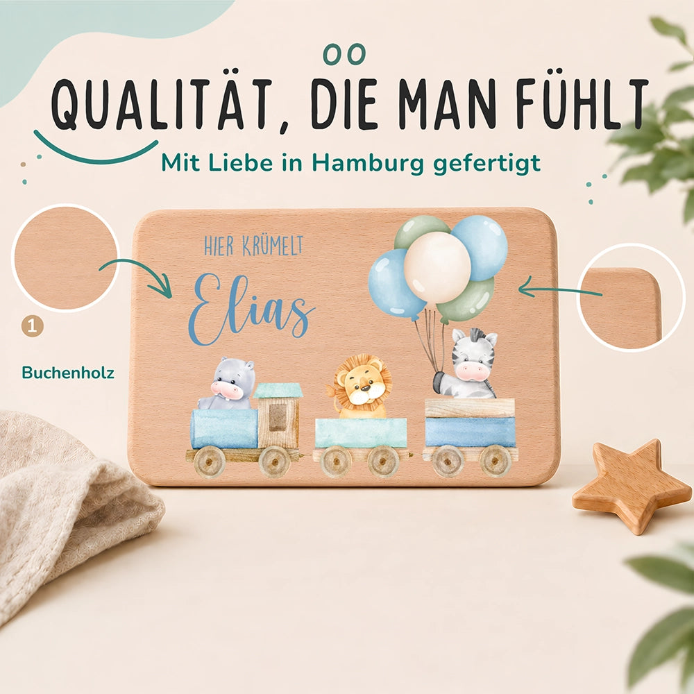 Frühstücksbrettchen Holz personalisiert Tiere Eisenbahn