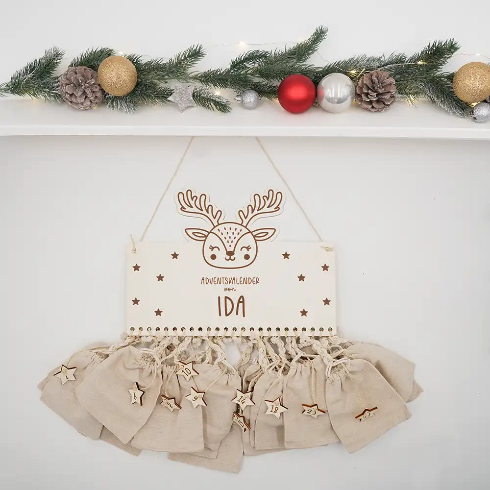 Personalisierbarer Adventskalender "Rentier" - Holz & Jute für Kinder