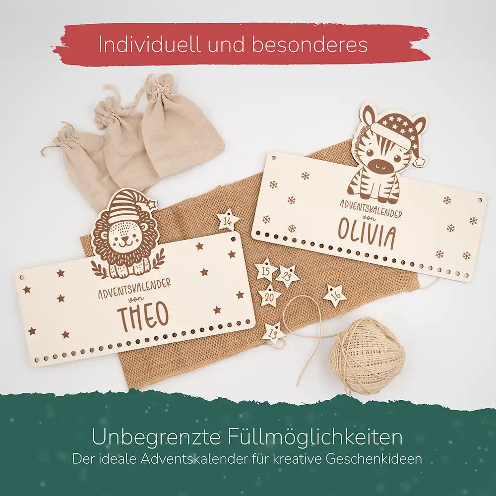 Personalisierter Adventskalender "Löwe" - Holz & Jutebeutel für Kinder