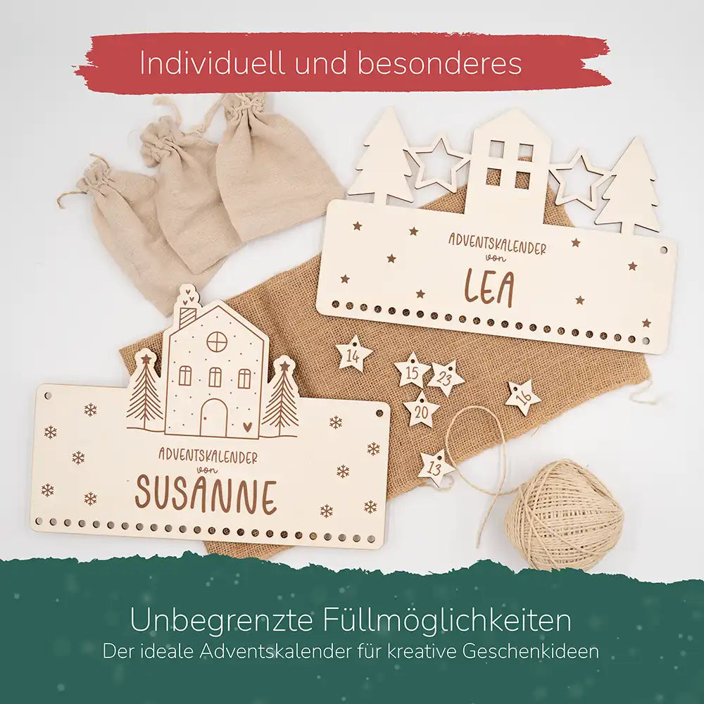 Personalisierbarer Adventskalender "Winterhaus" - Holz & Jute für Kinder