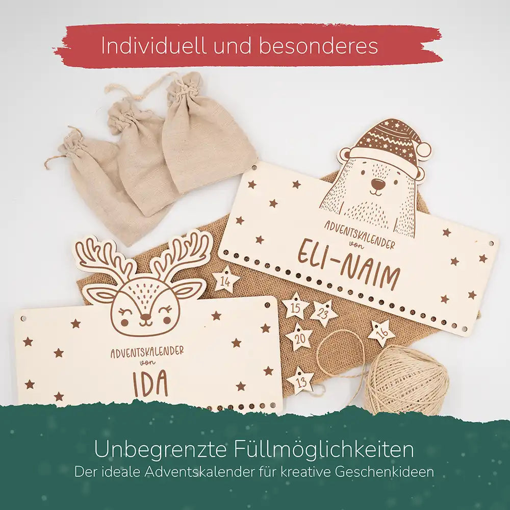 Personalisierbarer Adventskalender "Rentier" - Holz & Jute für Kinder