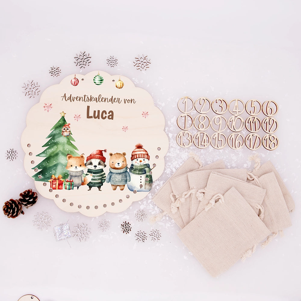 Personalisierter runder Adventskalender Kinder aus Holz  - Tierische Weihnachtsbande