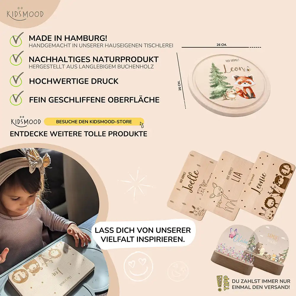 Rundes personalisiertes Frühstücksbrettchen Fuchs mit Namen für Kinder