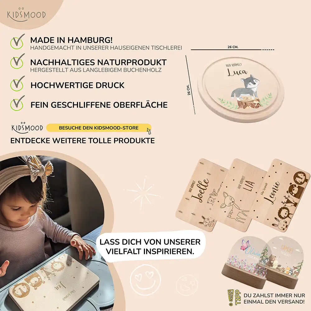 Rundes personalisiertes Frühstücksbrettchen Dachs mit Namen für Kinder
