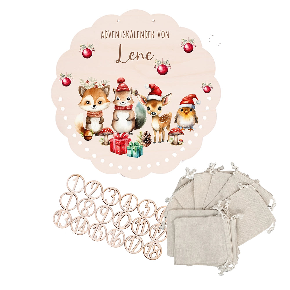 Personalisierter runder Adventskalender Kinder aus Holz  - Tierische Weihnachtsfeier