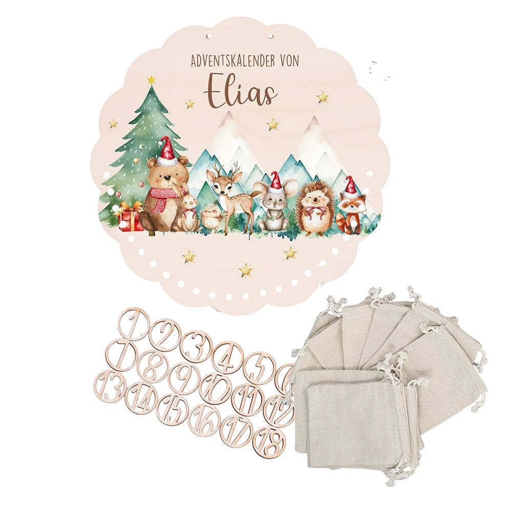Personalisierter runder Adventskalender Kinder aus Holz  - Winterwald & seine Bewohner