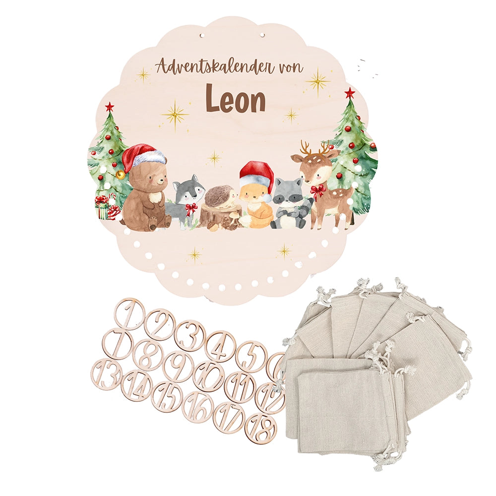 Personalisierter runder Adventskalender Kinder aus Holz  - Winterwunderland
