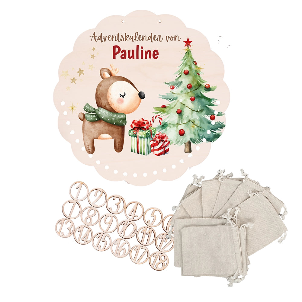 Personalisierter runder Adventskalender Kinder aus Holz  - Baby Reh