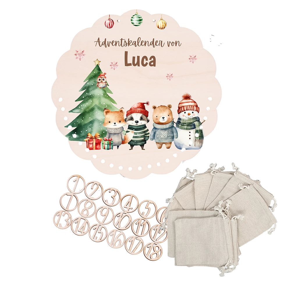 Personalisierter runder Adventskalender Kinder aus Holz  - Tierische Weihnachtsbande