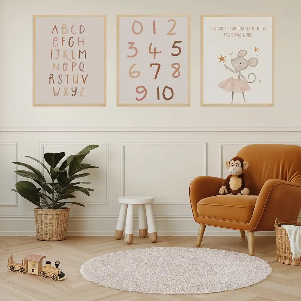 Poster 3er-Set - ABC, Zahlen & Maus Affirmation fürs Kinderzimmer