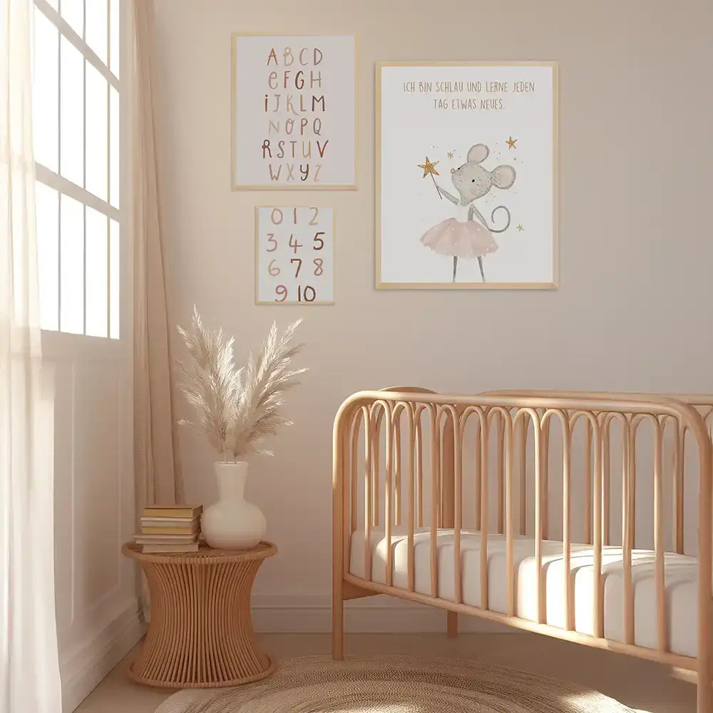 Poster 3er-Set - ABC, Zahlen & Maus Affirmation fürs Kinderzimmer