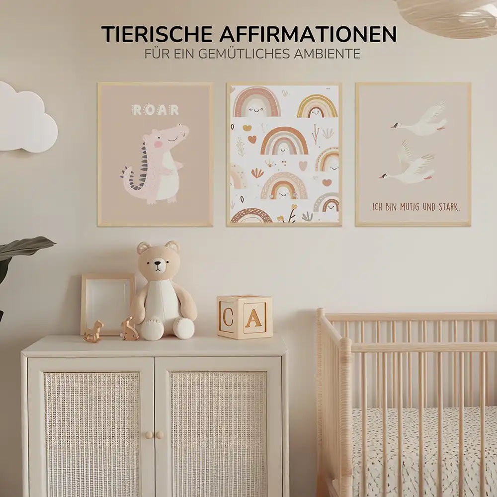 Poster 3er-Set - Dinosaurier, Regenbögen & Vögel fürs Kinderzimmer