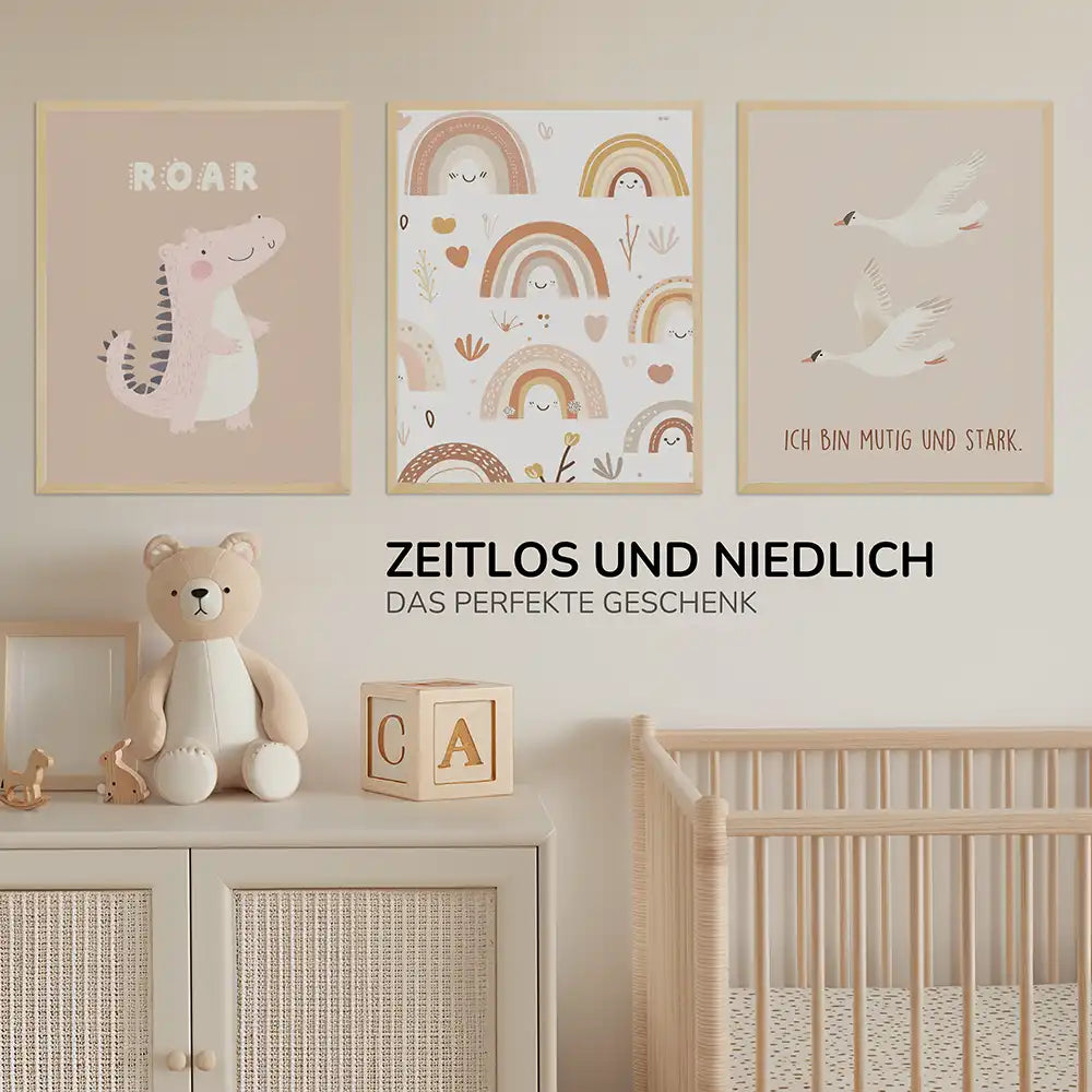 Poster 3er-Set - Dinosaurier, Regenbögen & Vögel fürs Kinderzimmer