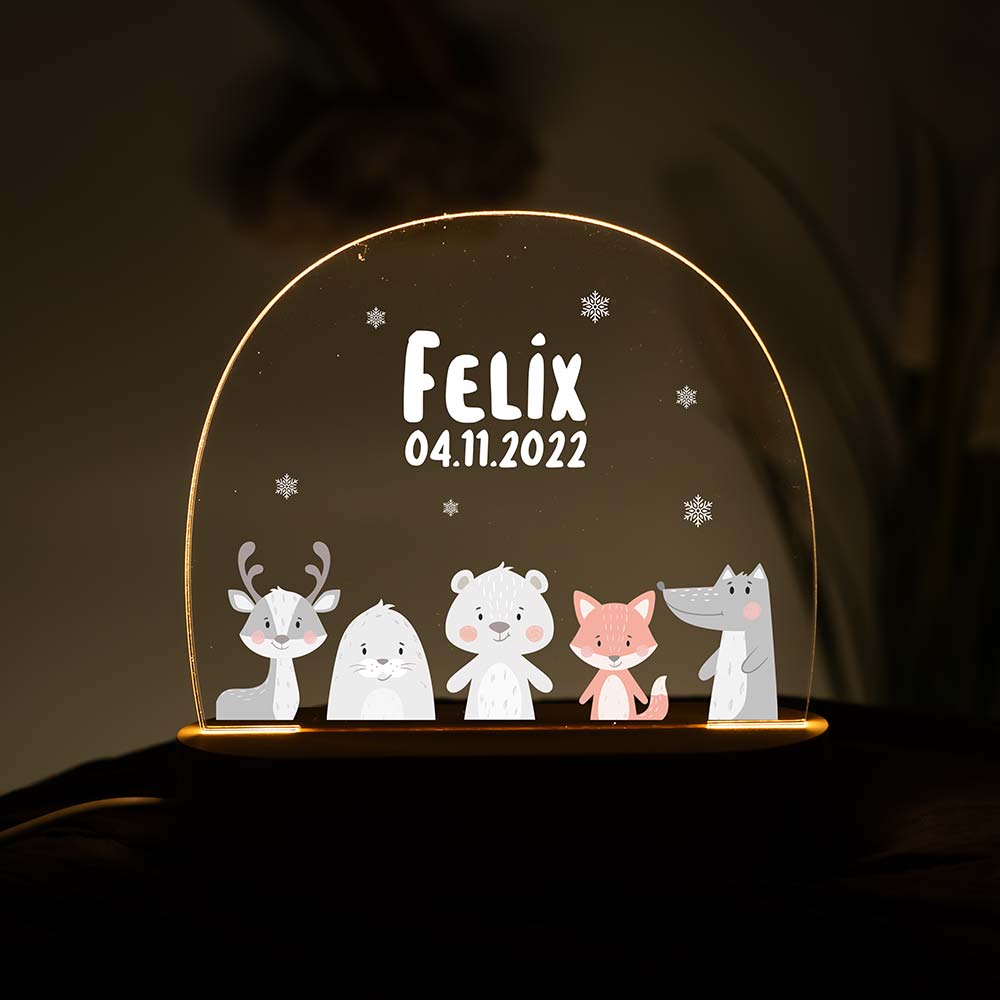 Personalisierte Nachtlampe für Kinder - Winter Tiere (Elch, Robbe, Bär, Fuchs, Krokodil) mit Schneeflocken - Name und Geburtsdatum