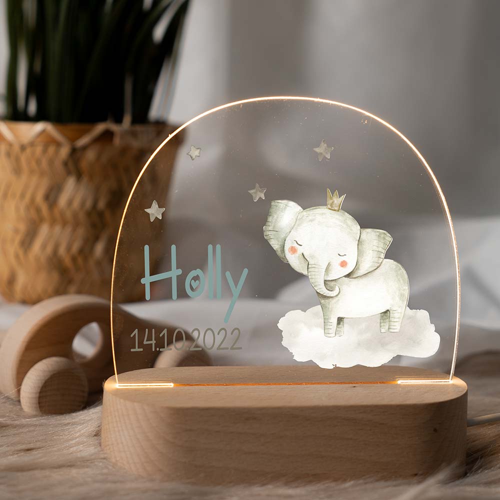 Personalisierte Nachtlampe für Kinder - Baby-Elefant mit Krone und Sternen