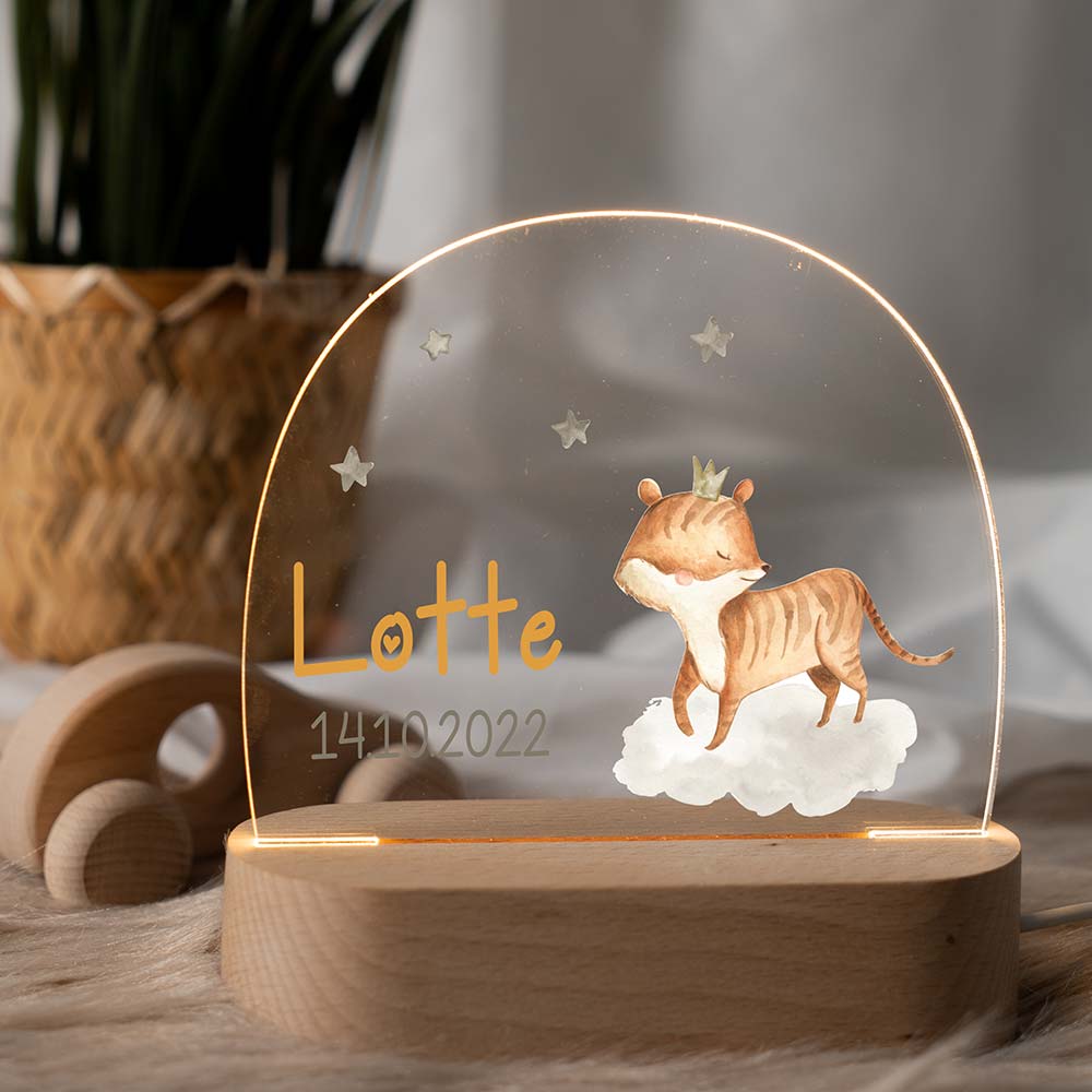 Personalisierte Nachtlampe für Kinder - Baby-Fuchs mit Krone und Sternen - Name und Geburtsdatum