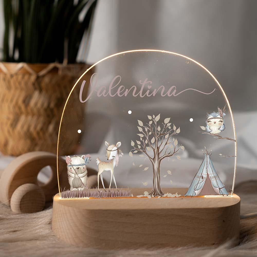 personalized night lamp with woodland animal, deer, tipi, and tree design