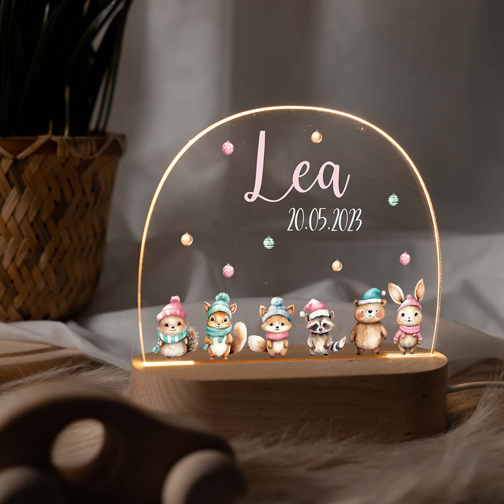 LED Nachtlicht Kinder personalisiert - Weihnachtswaldtiere