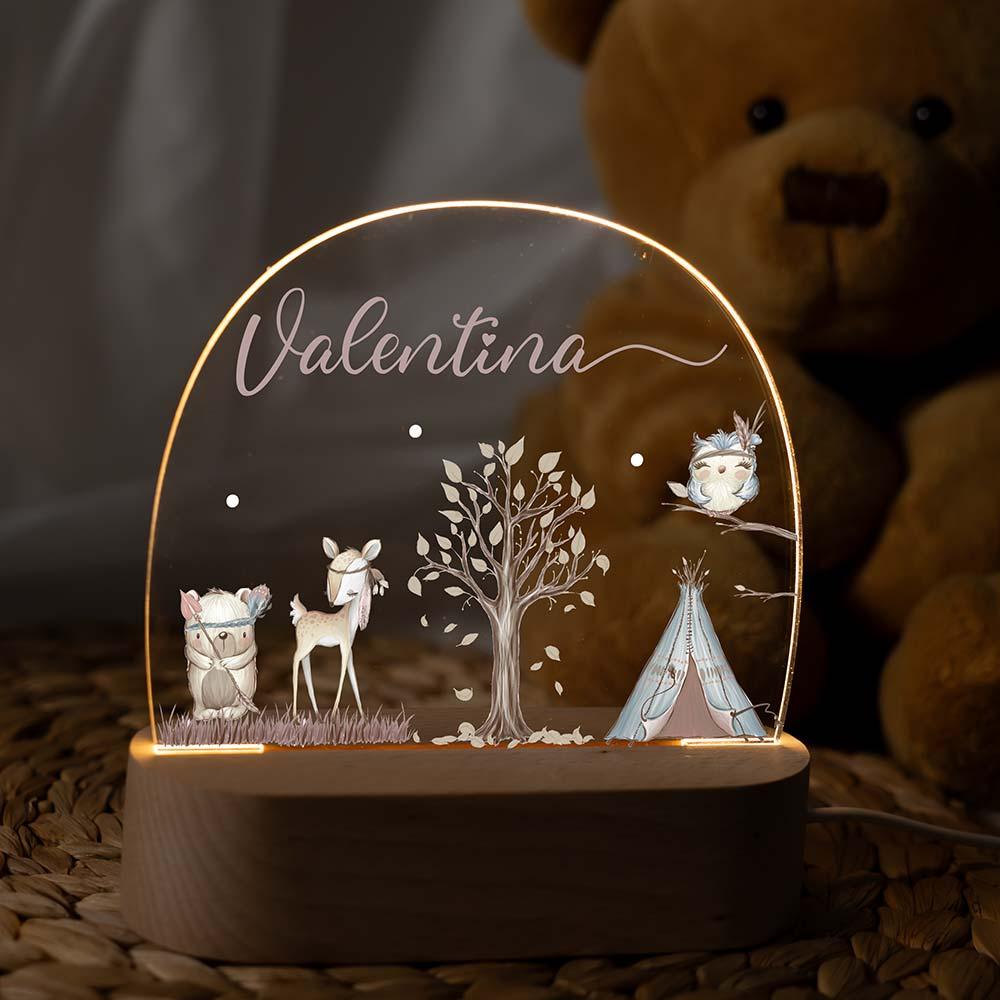 night lamp with woodland animal motif featuring deer, tipi, and tree for children