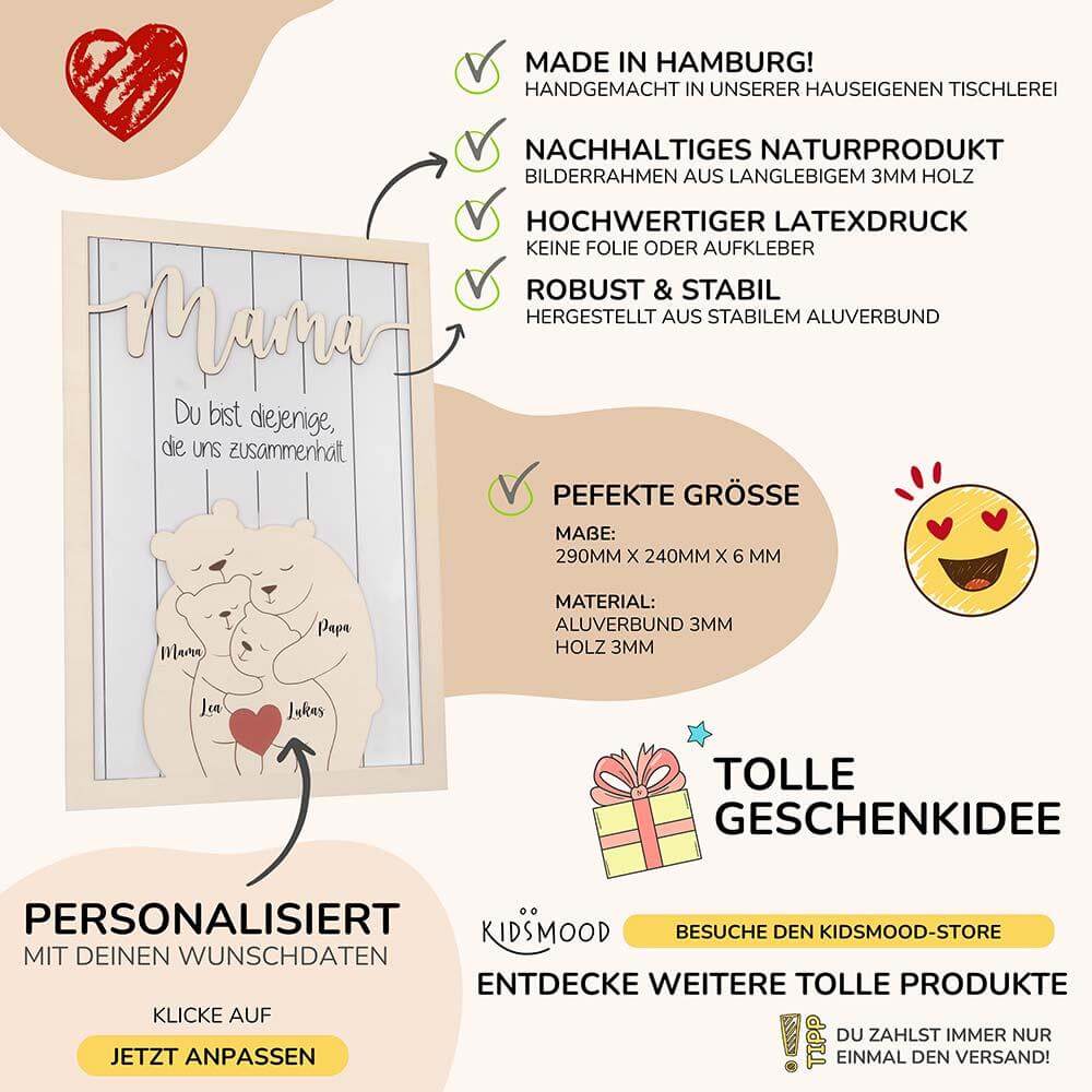 Süßes personalisiertes Bärenfamilien-Bildrahmen-Muttertagsgeschenk - 3 Personen