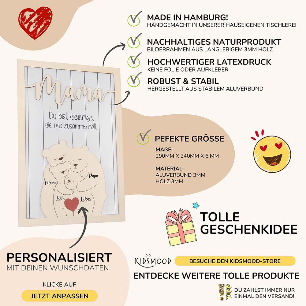 Süßes personalisiertes Bärenfamilien-Bildrahmen-Muttertagsgeschenk - 6 Personen - Kidsmood.de