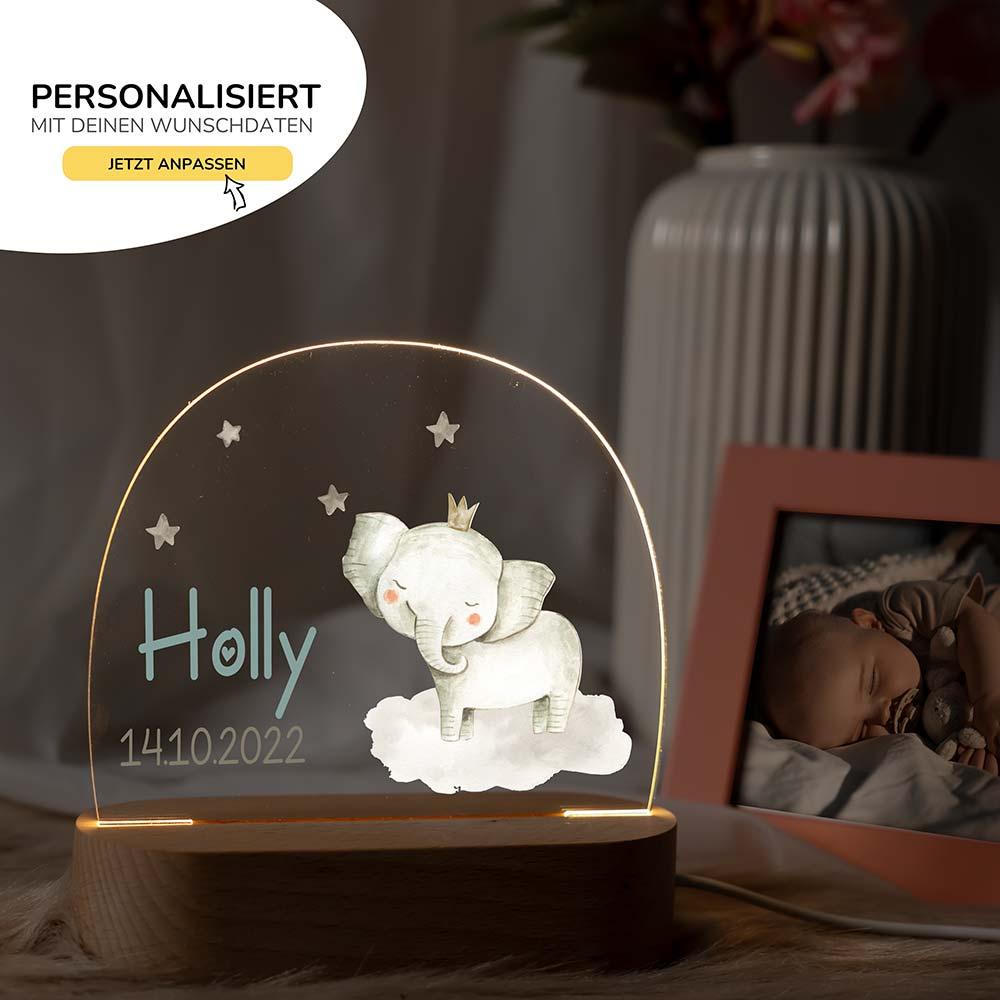Personalisierte Nachtlampe für Kinder - Baby-Elefant mit Krone und Sternen - Kidsmood.de