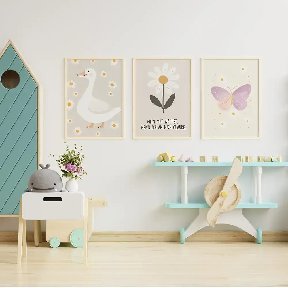 Poster 3er-Set - Ente, Gänseblümchen & Schmetterling fürs Kinderzimmer