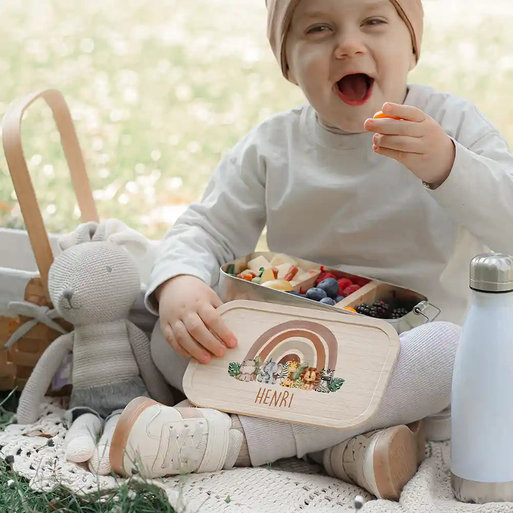 Brotdose Kinder personalisiert - Tierfamilie unter Regenbogen