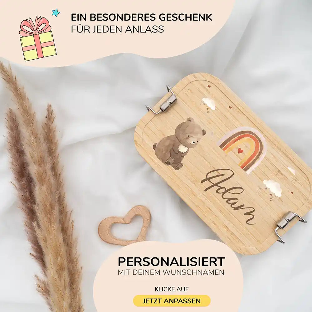 hochwertige brotdose mit boho bär und regenbogen personalisiert