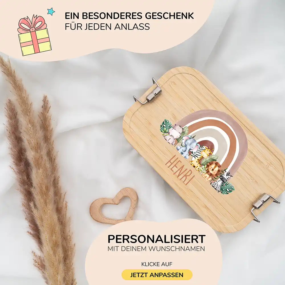 hochwertige brotdose mit tierfamilie und regenbogen personalisiert