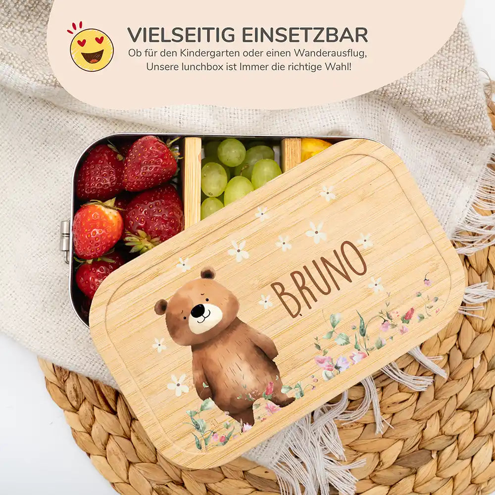 hochwertige brotdose mit bär und blumenwiese personalisiert