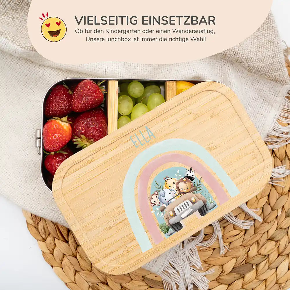 hochwertige brotdose mit regenbogen safari personalisiert