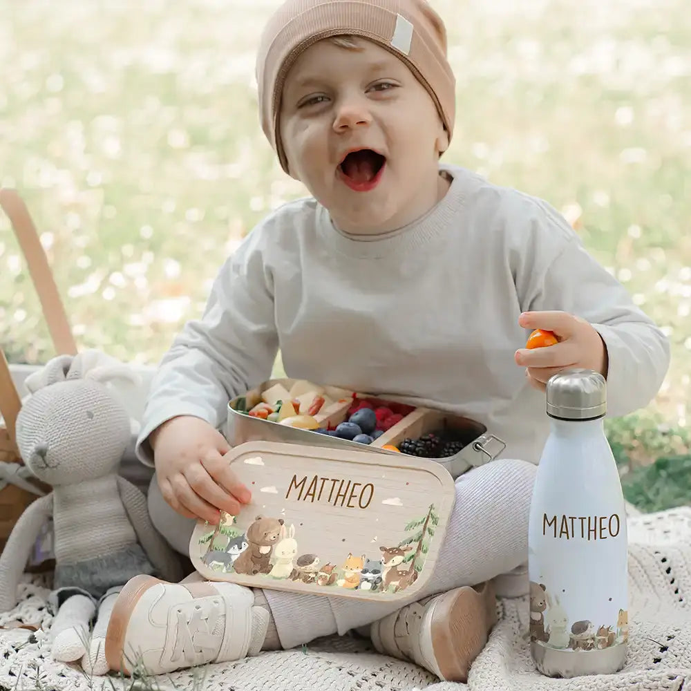 Großes Schulstart-Set personalisiert für Kinder: Brotdose, Trinkflasche und Tasse