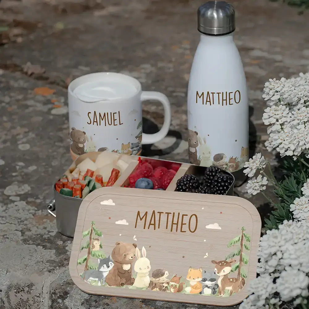 Großes Schulstart-Set personalisiert für Kinder: Brotdose, Trinkflasche und Tasse