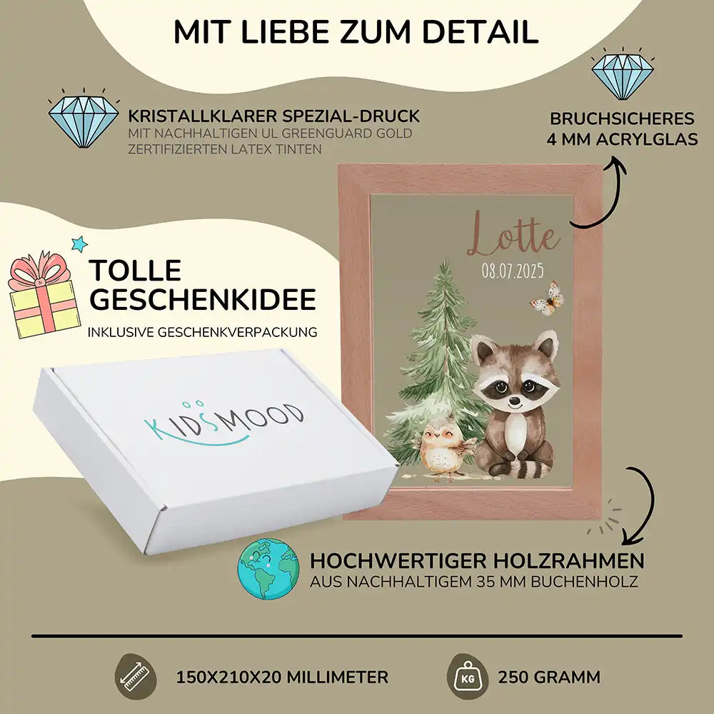 Personalisiertes LED Nachtlicht Bilderrahmen mit Namen - Waschbär und Eule