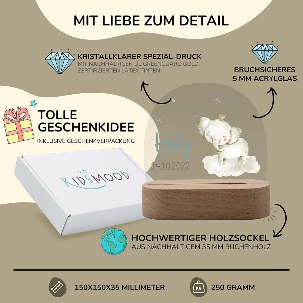 Personalisierte Nachtlampe für Kinder - Baby-Elefant mit Krone und Sternen - Kidsmood.de
