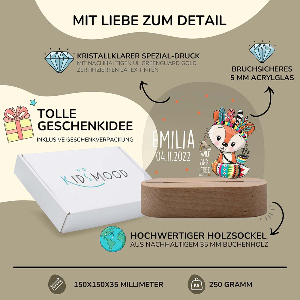 Personalisierte Nachtlampe für Kinder - Fuchs mit Federn und Pfeilen - 'Wild and Free' - Name und Geburtsdatum
