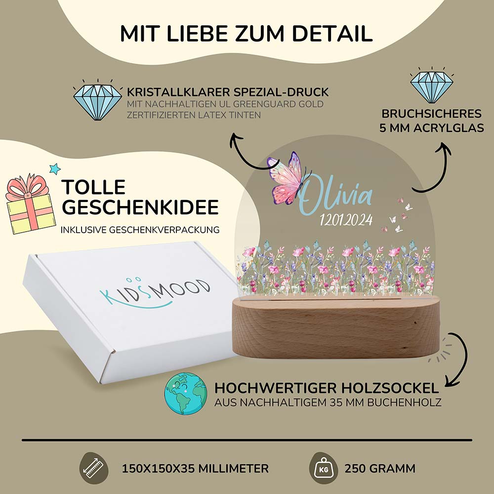 LED Nachtlicht Kinder personalisiert - Blumenwiese & Schmetterlinge