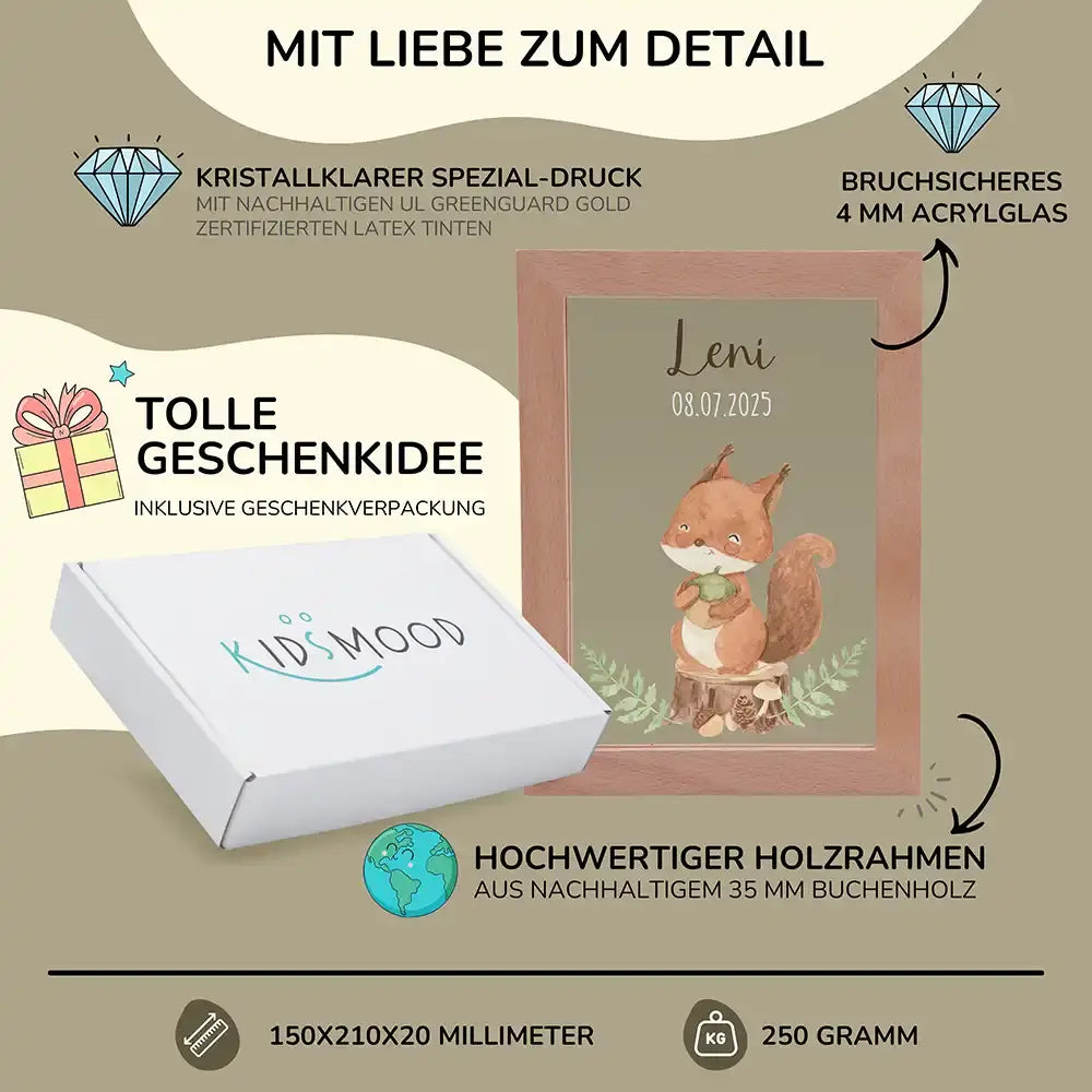 Personalisiertes LED Nachtlicht Bilderrahmen mit Namen - Eichhhörnchen