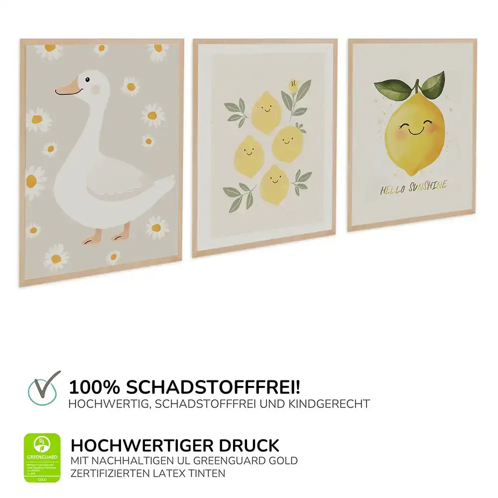 Poster 3er-Set - Ente, Zitronen & "Hello Sunshine" für's Kinderzimmer