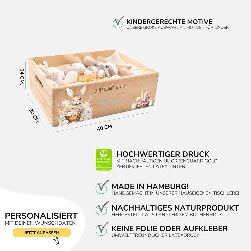 Osterkiste Holz personalisiert - Osterhase mit Kerzen