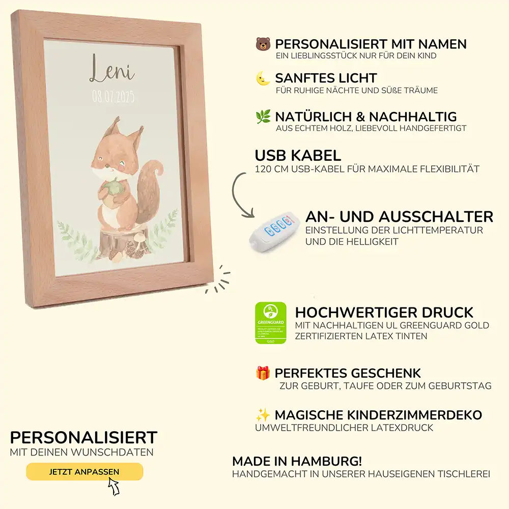 Personalisiertes LED Nachtlicht Bilderrahmen mit Namen - Eichhhörnchen