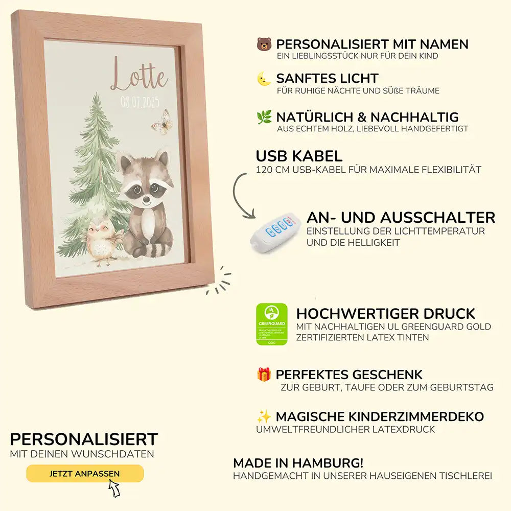 Personalisiertes LED Nachtlicht Bilderrahmen mit Namen - Waschbär und Eule