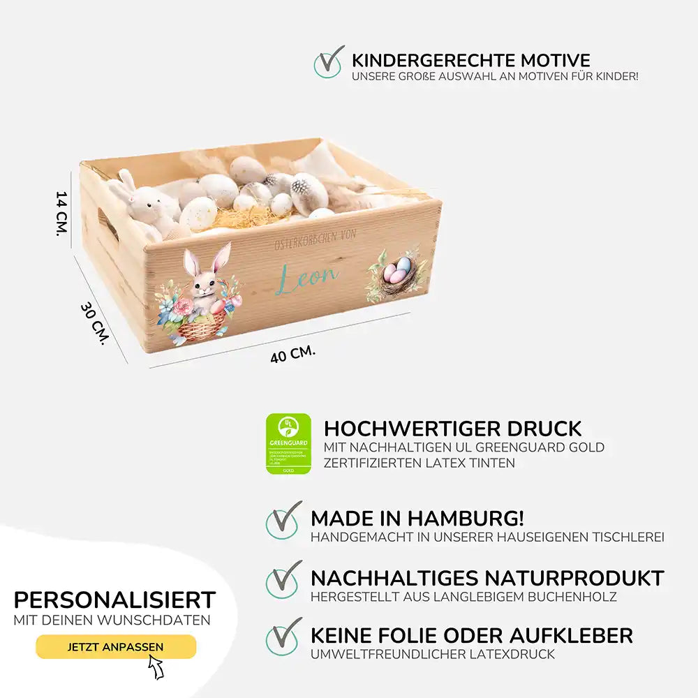 Osterkiste Holz personalisiert - Hasenkind im Blumenkorb