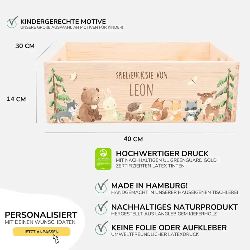 Spielzeugkiste personalisiert mit Namen - niedliche Waldtiere