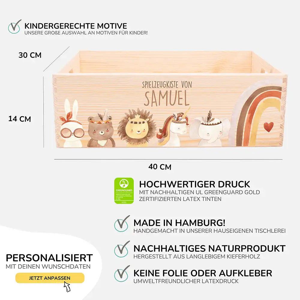 Spielzeugkiste personalisiert mit Namen - Boho Tiere