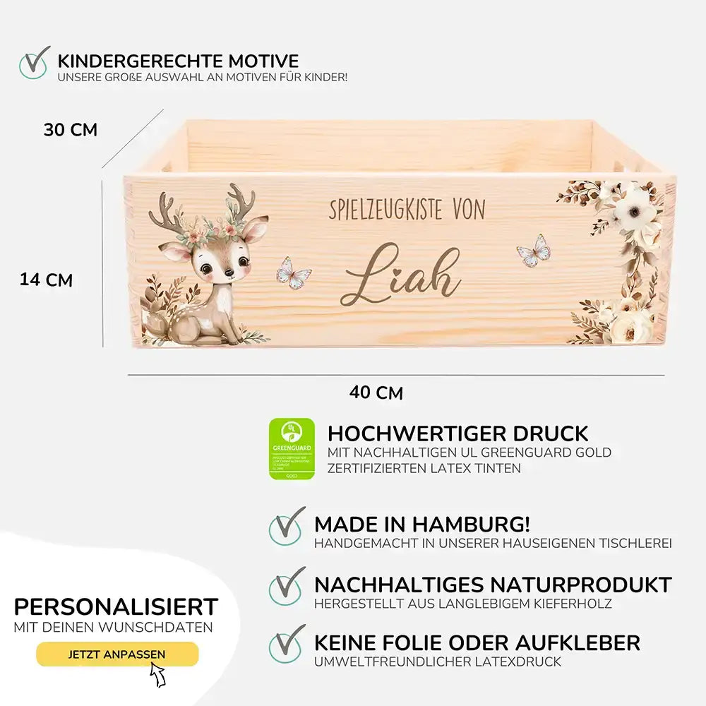 Spielzeugkiste personalisiert mit Namen - Baby Reh