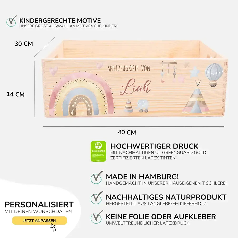 Spielzeugkiste personalisiert mit Namen - Baby Reh mit Regenbogen